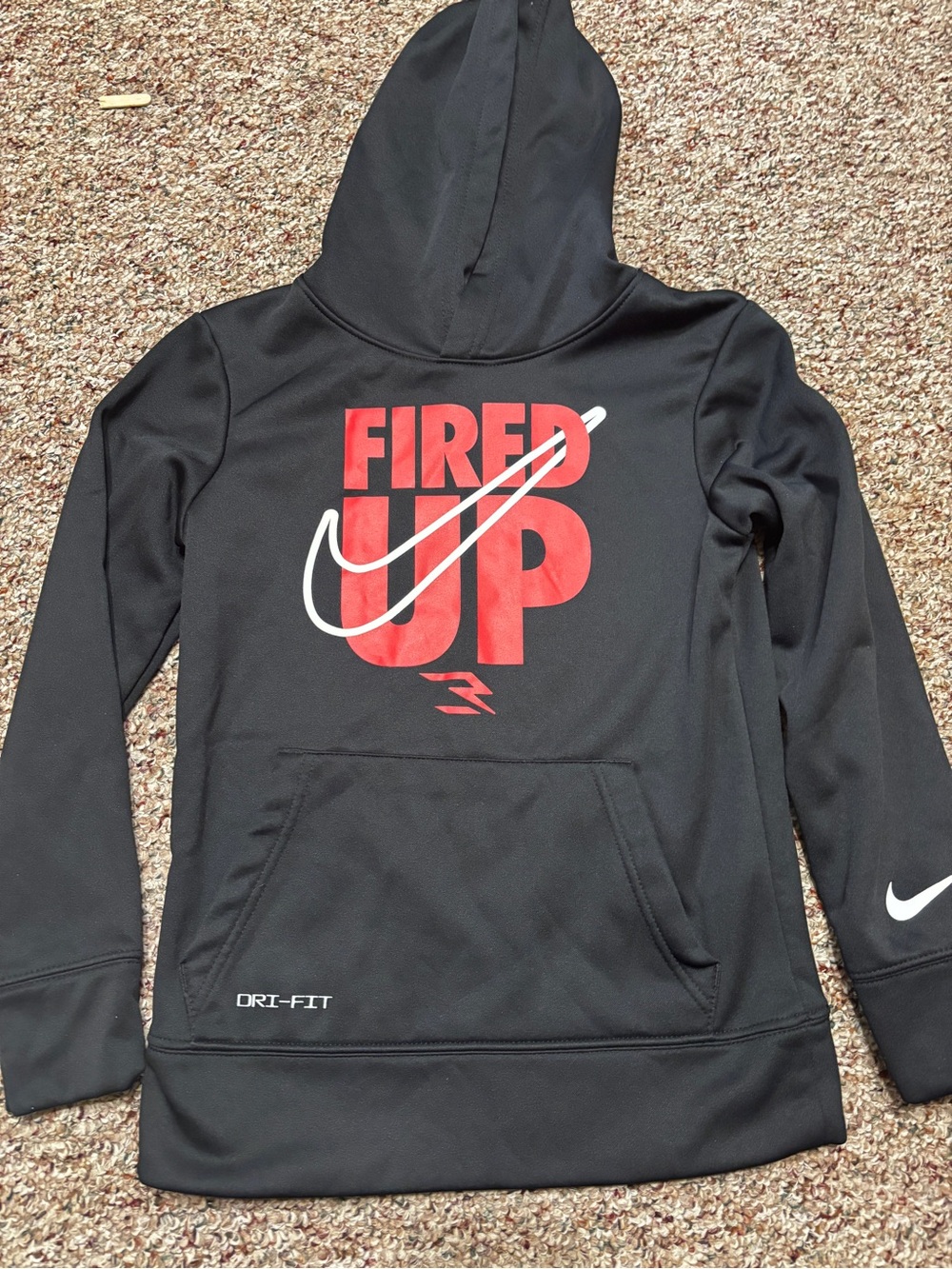 Nike Black Hoodie with Red 'Fired Up' Graphic and White Swoosh